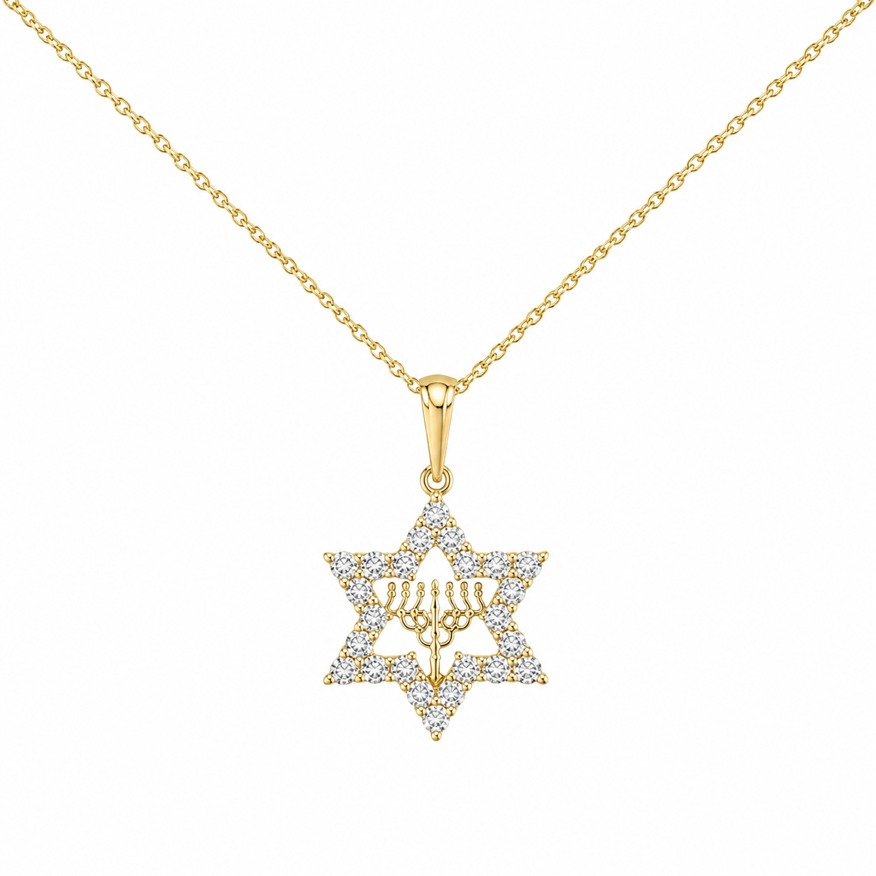 Diamond Star of David Pendant Necklace with Menorah