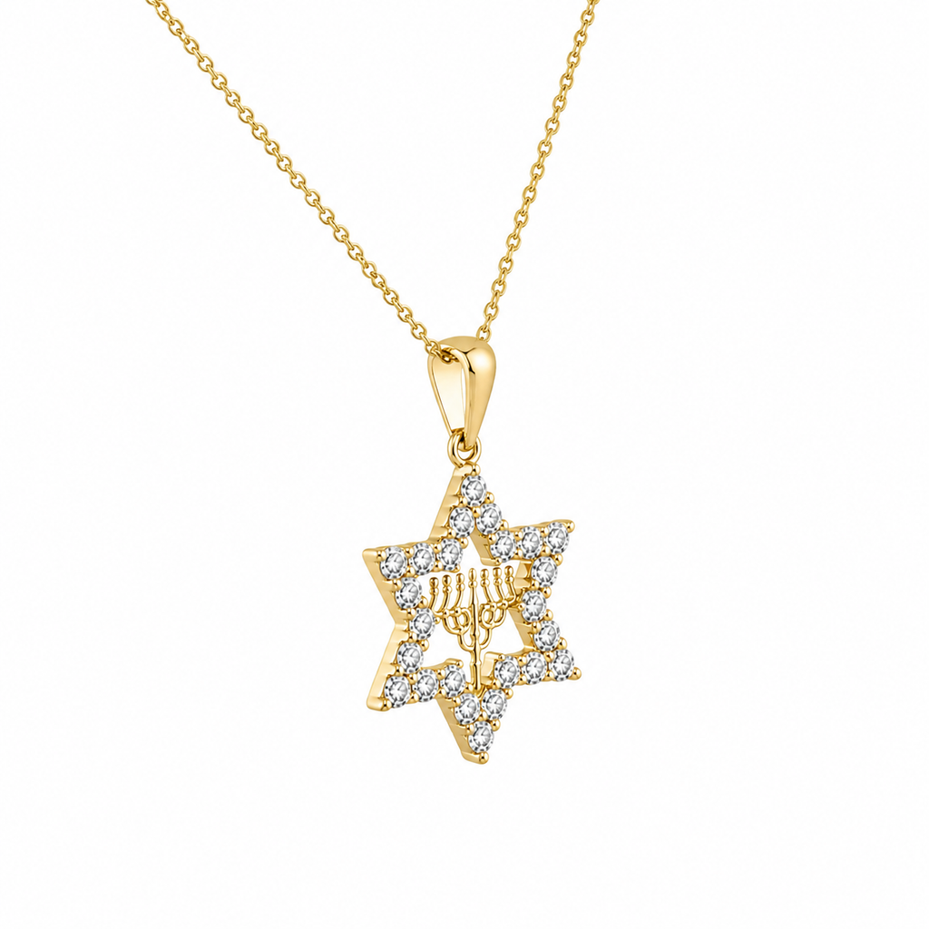Diamond Star of David Pendant Necklace with Menorah
