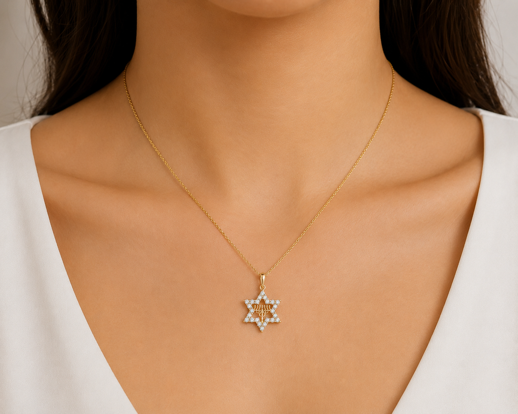 Diamond Star of David Pendant Necklace with Menorah
