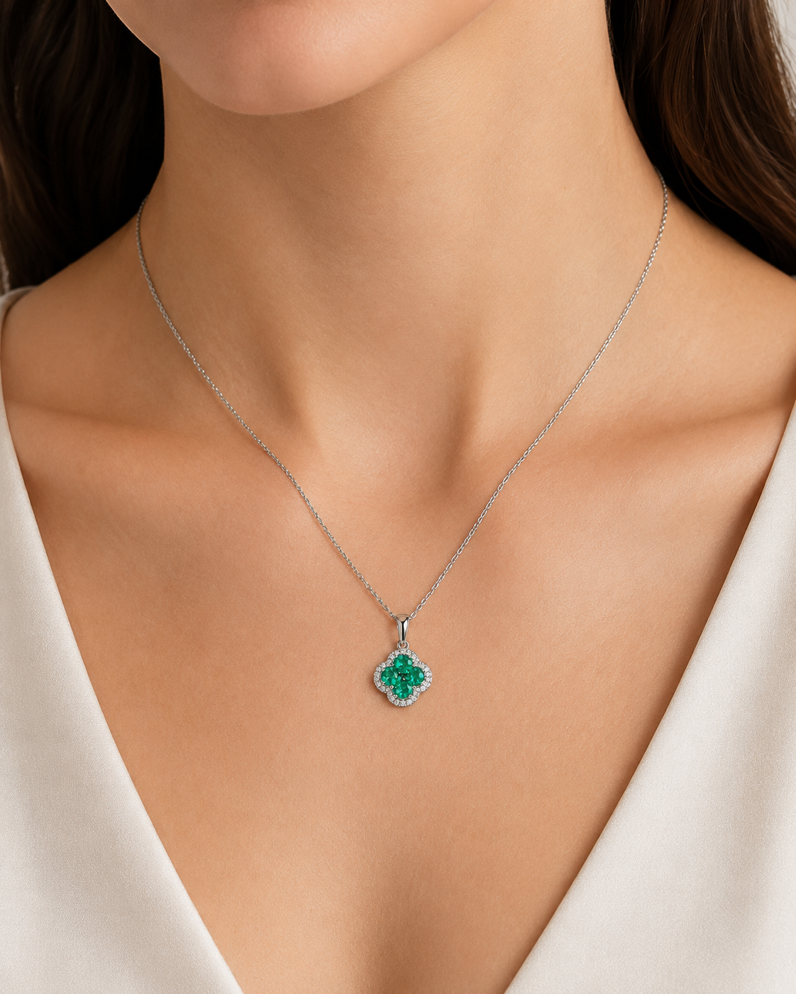 Emerald & Diamond Halo Pendant Necklace