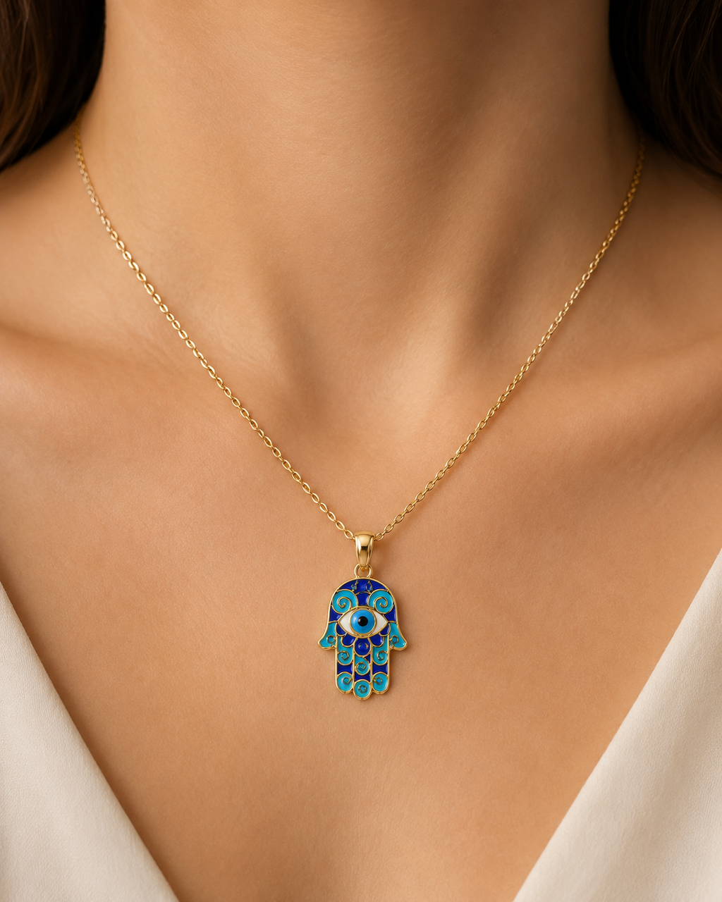 Yellow Gold Hamsa Hand Necklace – Evil Eye Protection Pendant