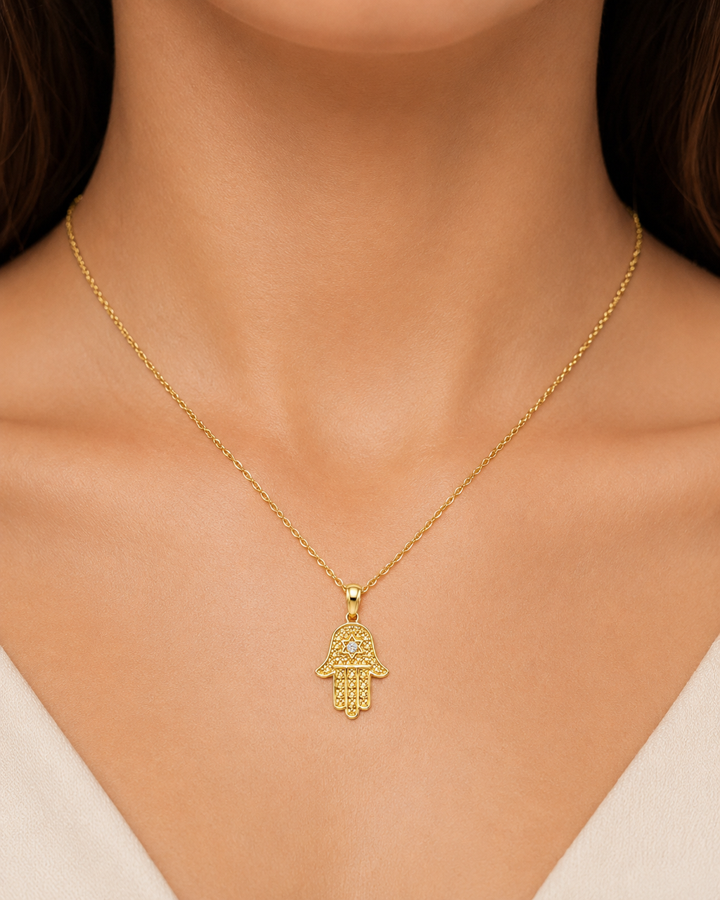 Yellow Gold Hamsa Hand Pendant Necklace with Diamond Accent