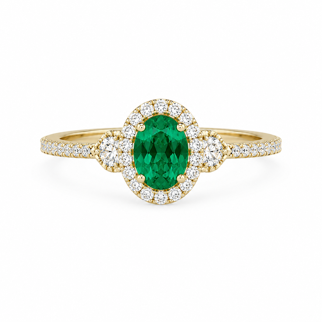 Emerald Halo Three-Stone Ring