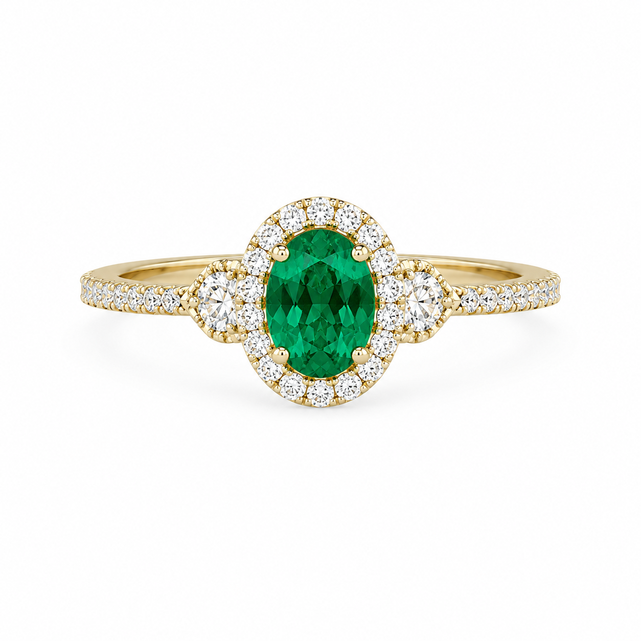 Emerald Halo Three-Stone Ring