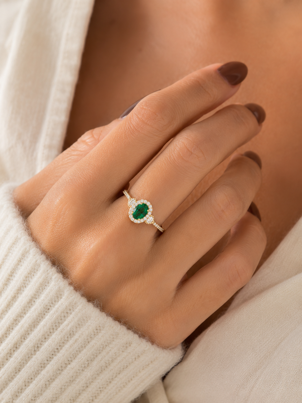 Emerald Halo Three-Stone Ring