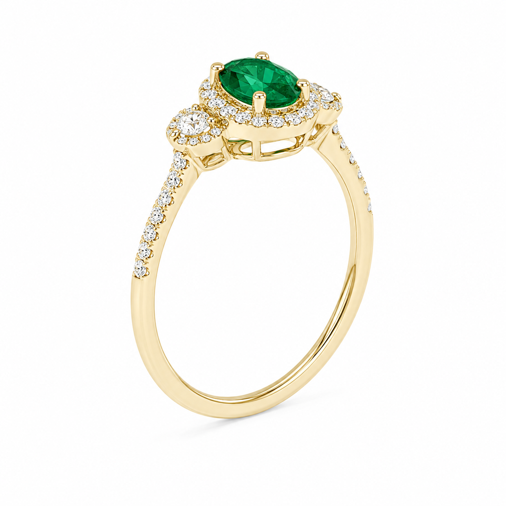 Emerald Halo Three-Stone Ring