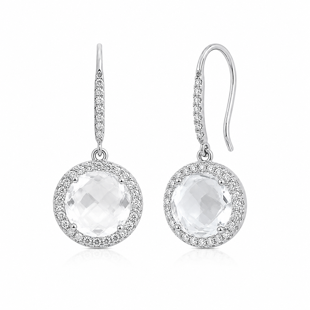 Diamond Halo Clear Quartz Drop Earrings