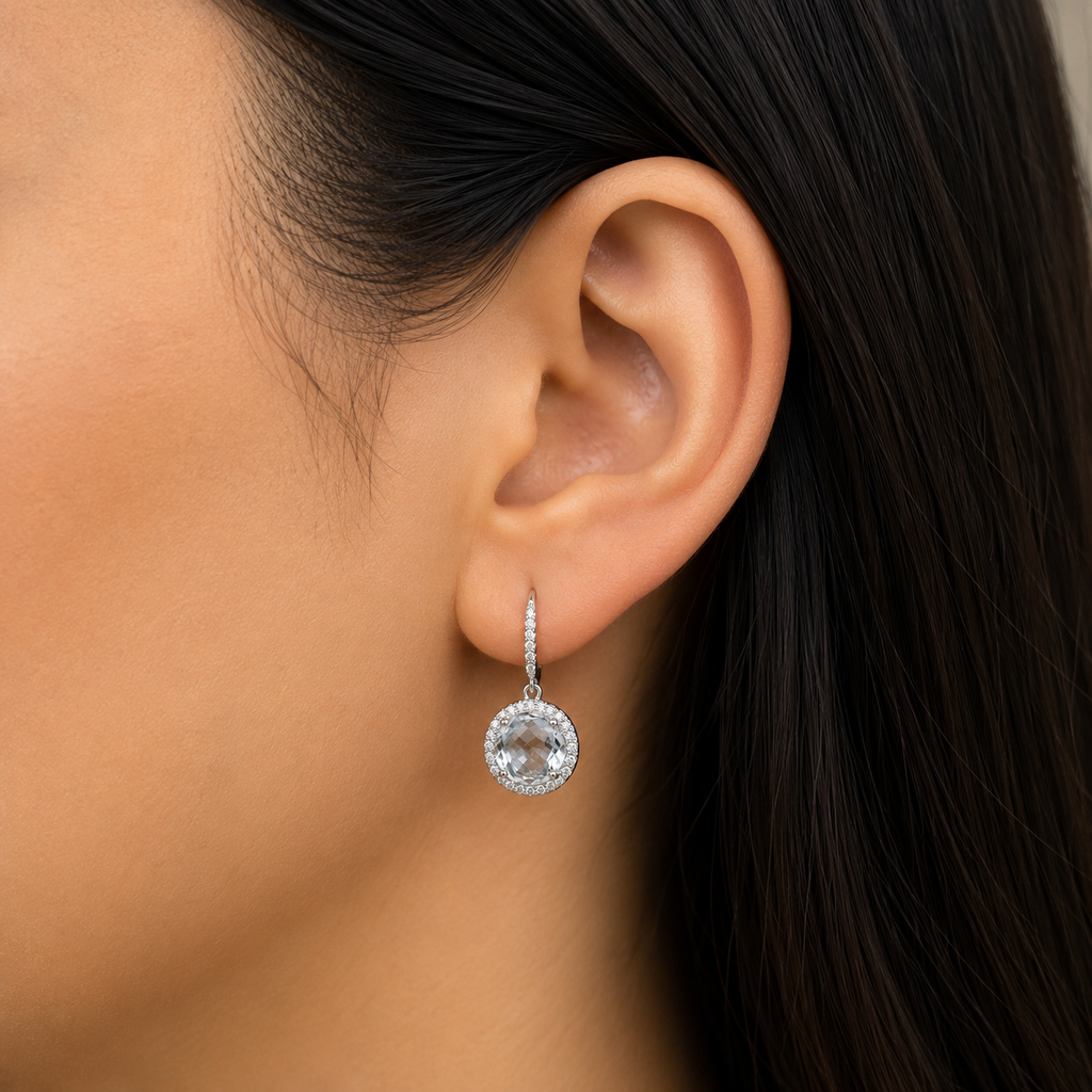 Diamond Halo Clear Quartz Drop Earrings