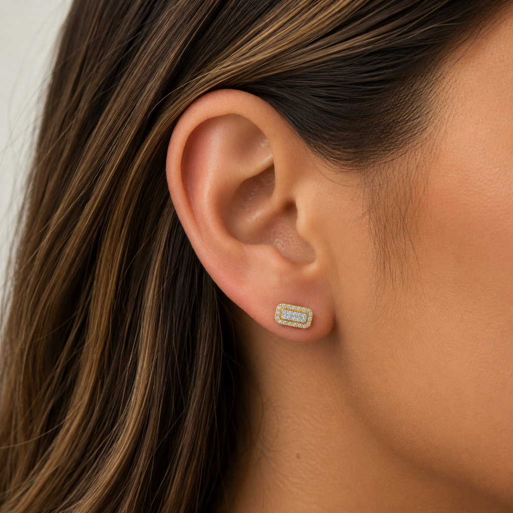 Diamond Rectangle Halo Stud Earrings