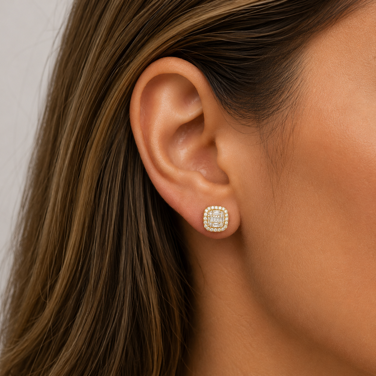 Diamond Cushion Cluster Stud Earrings