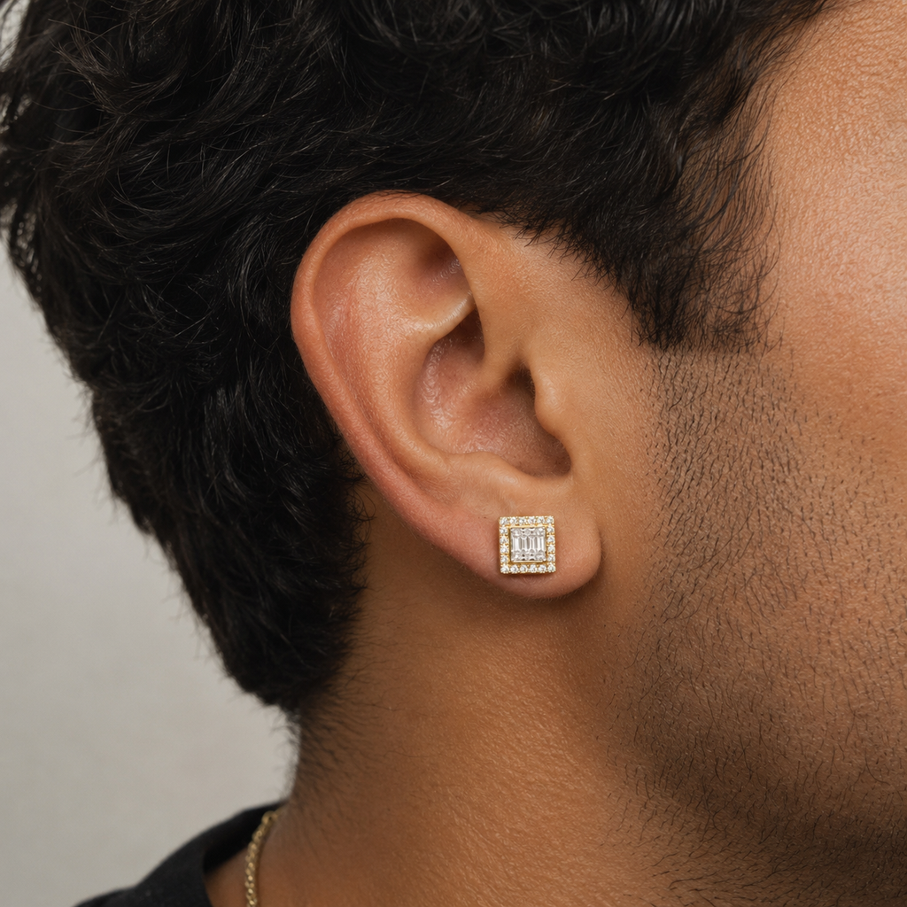Diamond Baguette Halo Stud Earrings