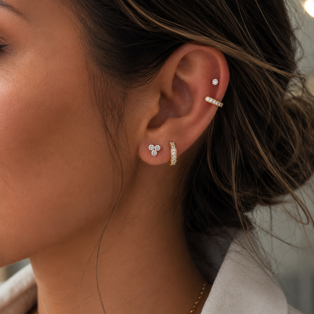 Three-Stone Diamond Stud Earrings