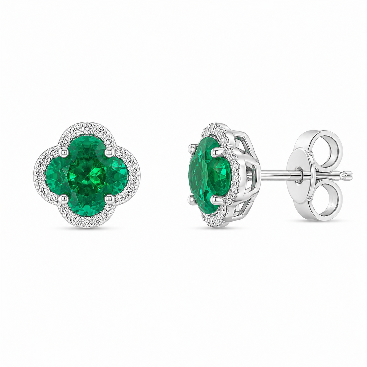 Emerald Clover Halo Stud Earrings