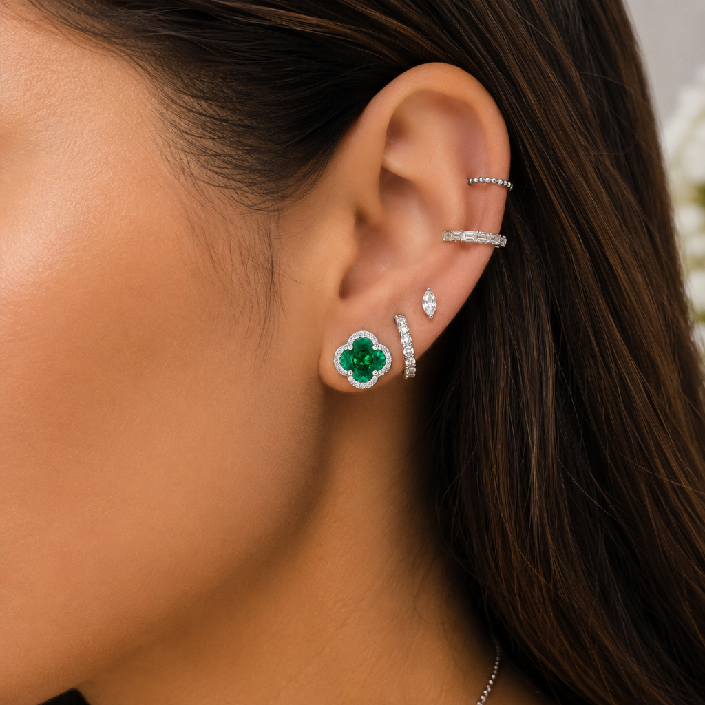 Emerald Clover Halo Stud Earrings