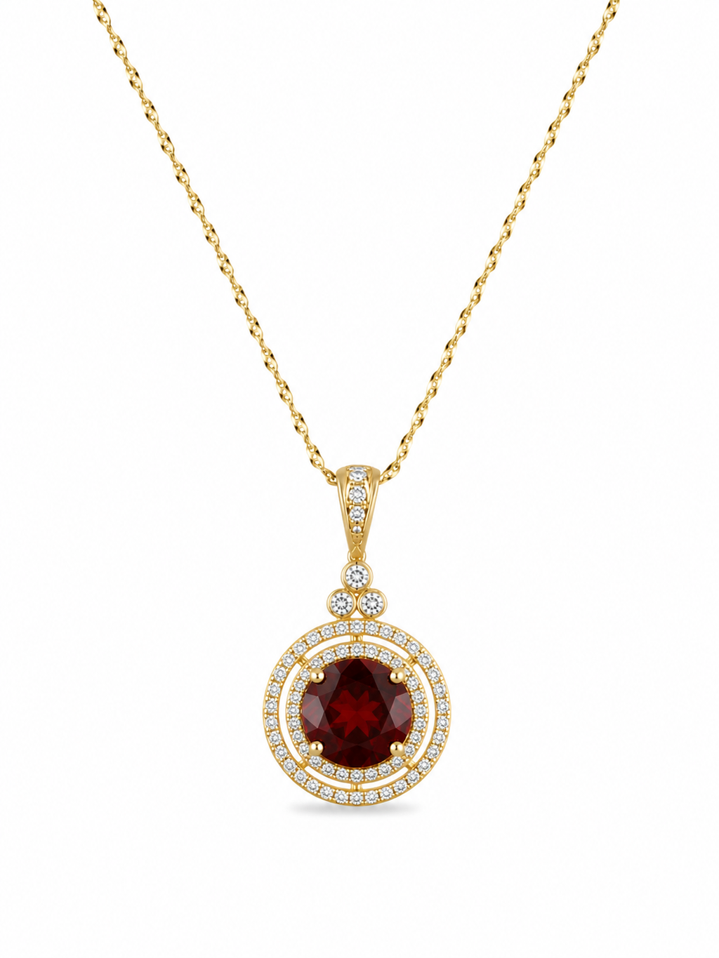 Diamond & Garnet Double Halo Pendant Necklace
