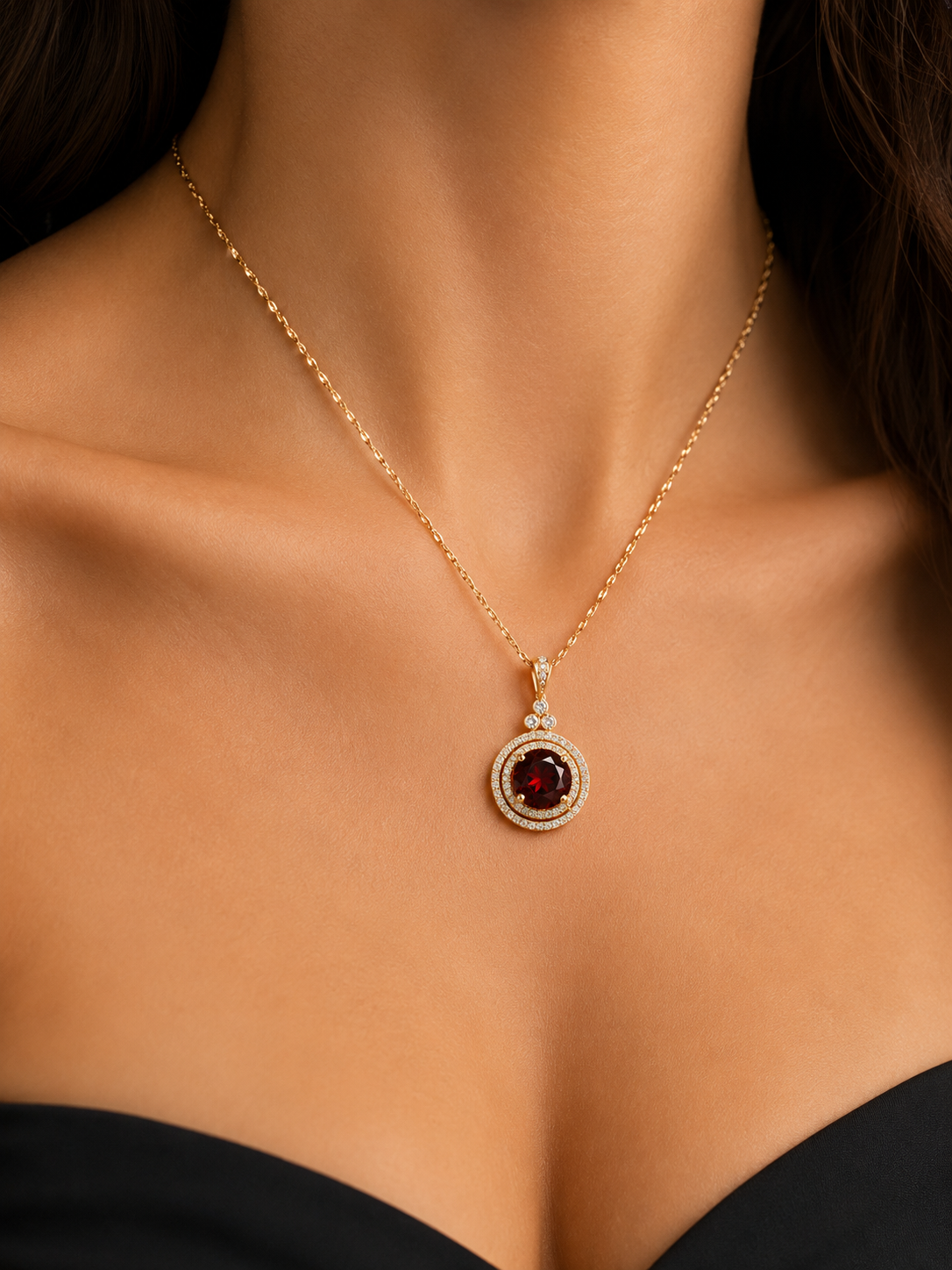 Diamond & Garnet Double Halo Pendant Necklace
