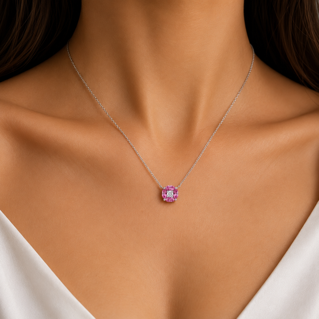 Diamond & Pink Sapphire Floral Pendant Necklace