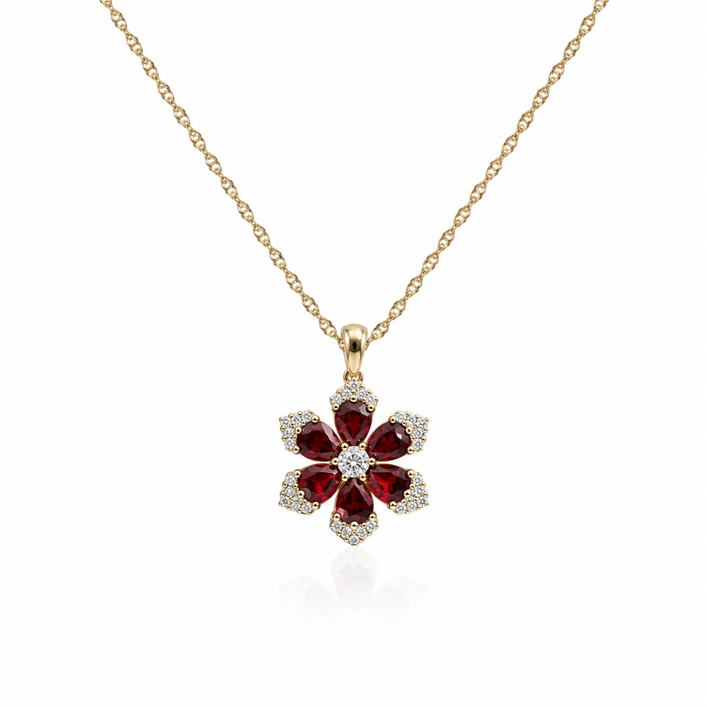 Ruby & Diamond Flower Pendant Necklace