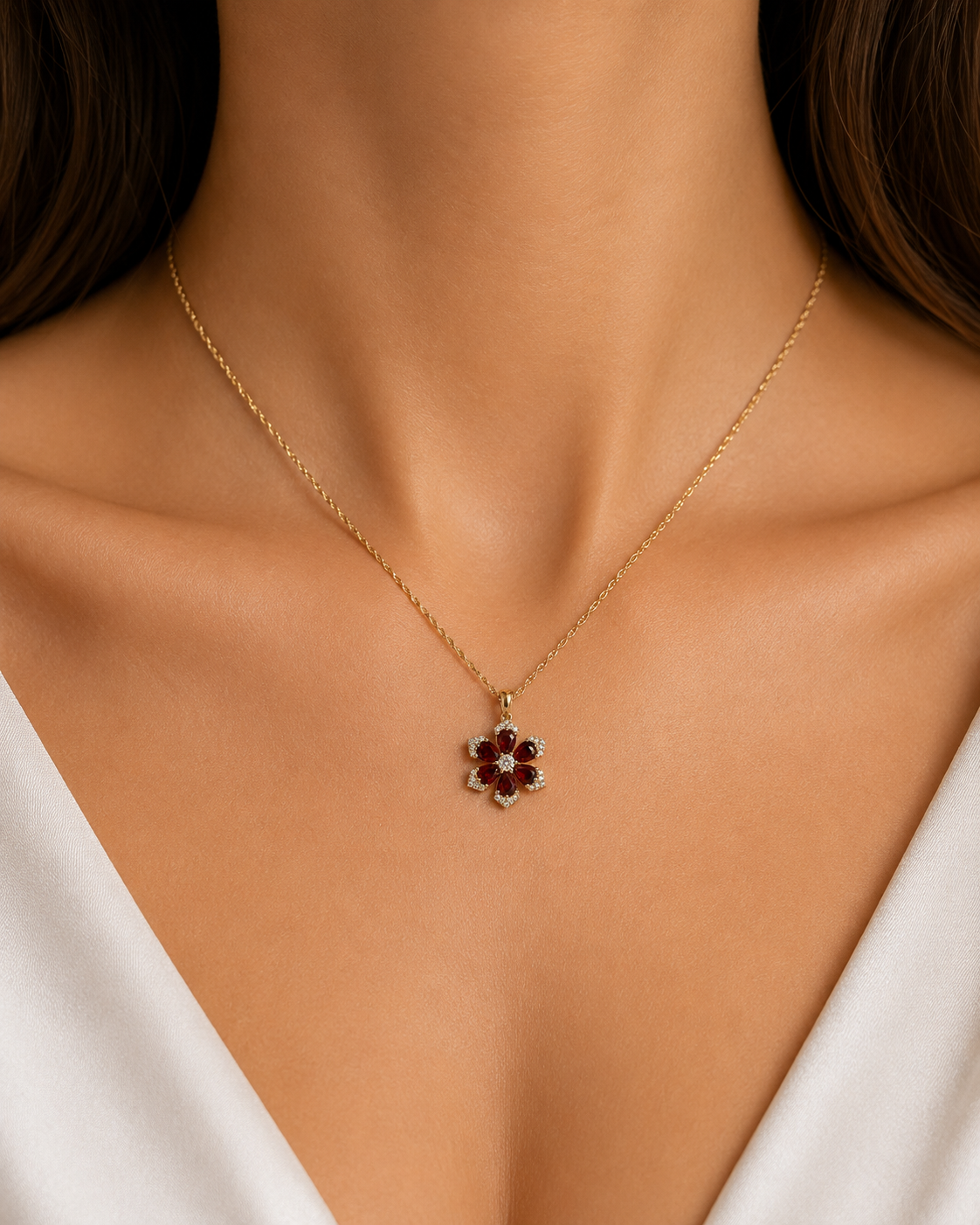 Ruby & Diamond Flower Pendant Necklace