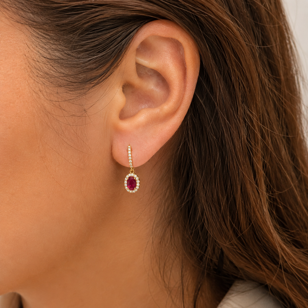 Diamond & Ruby Halo Drop Earrings