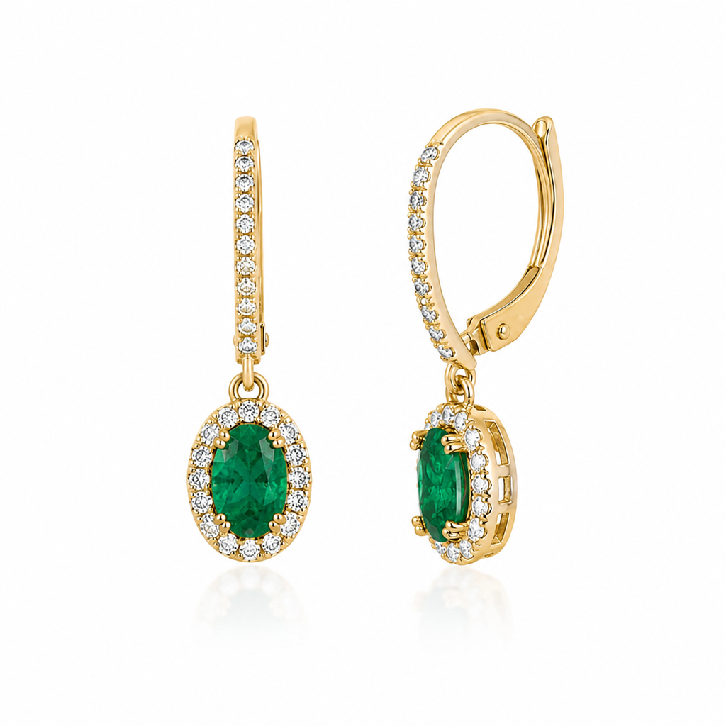 Emerald & Diamond Halo Drop Earrings