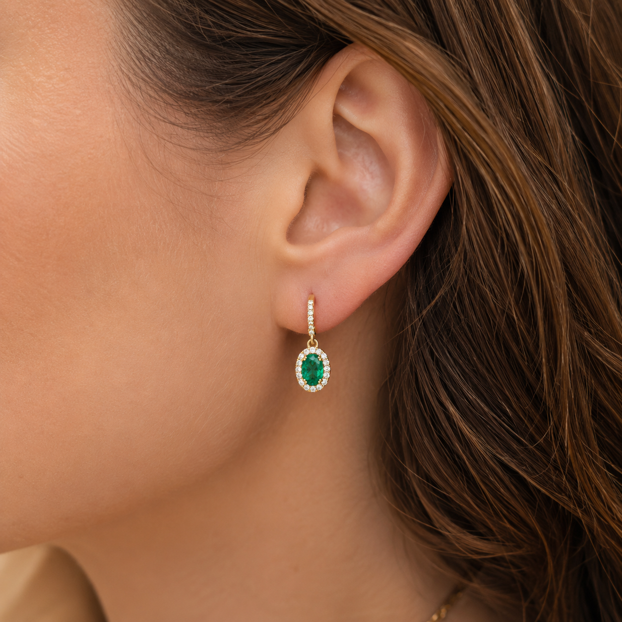Emerald & Diamond Halo Drop Earrings