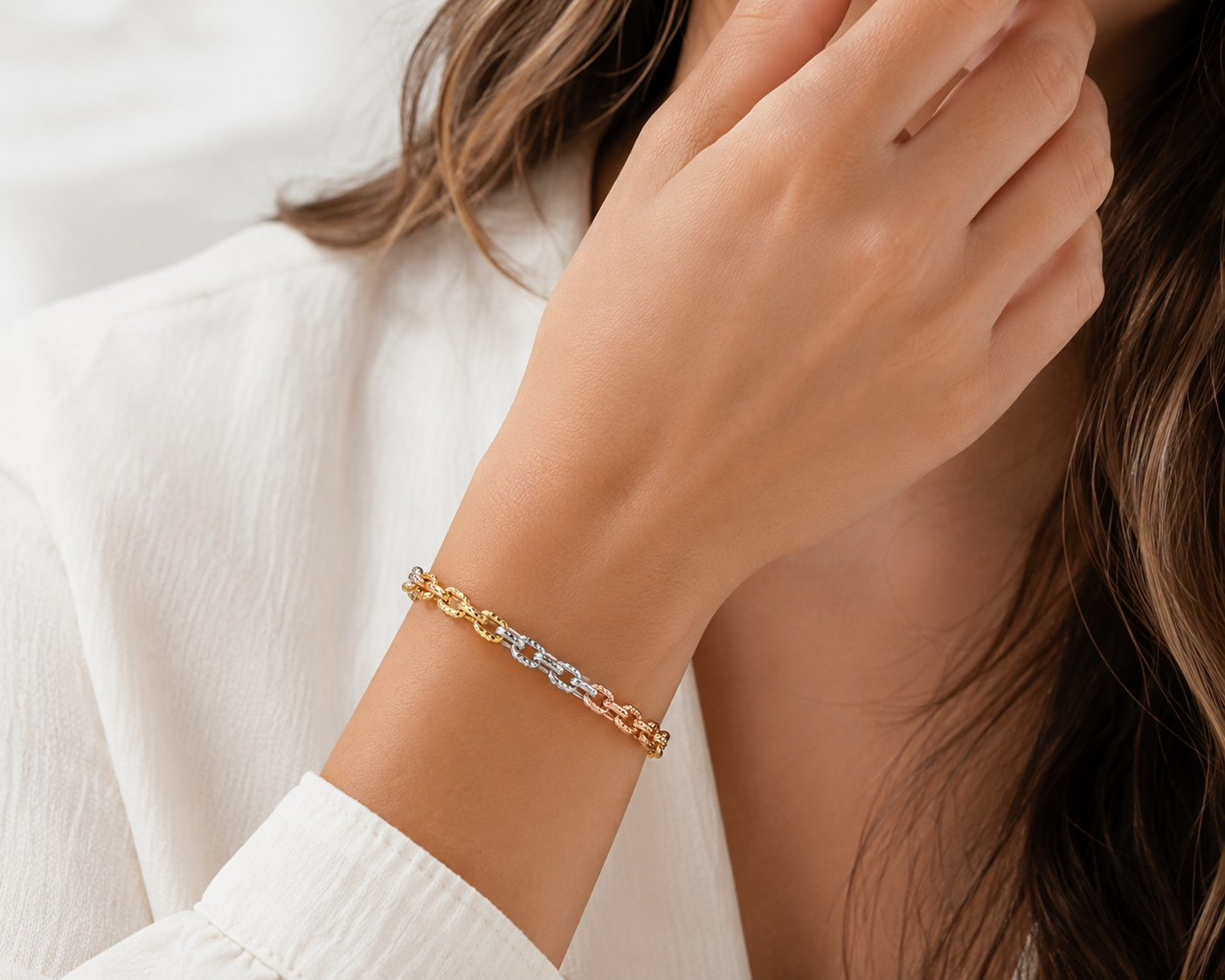 14K Tri-Color Cable Link Bracelet