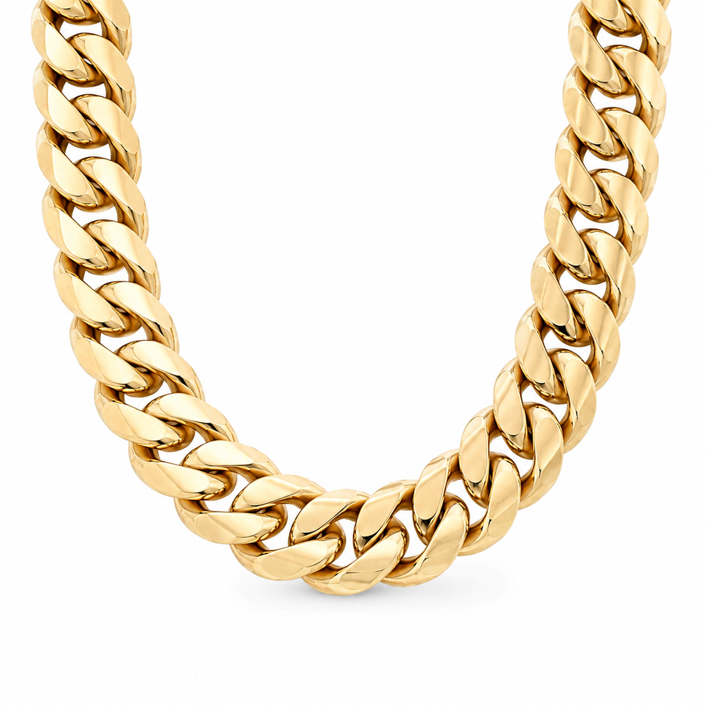 14K Semi- Hollow Gold Cuban Link Chain 15 mm