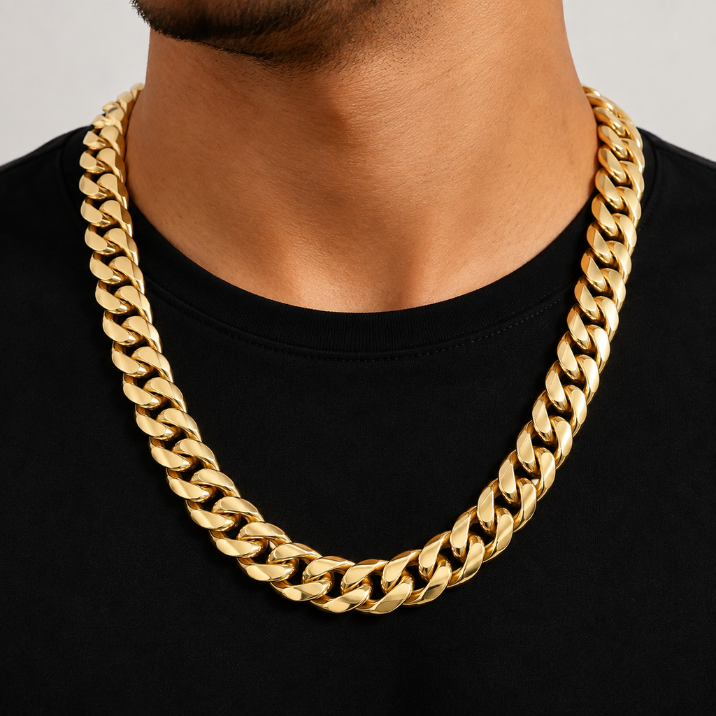 14K Semi- Hollow Gold Cuban Link Chain 15 mm