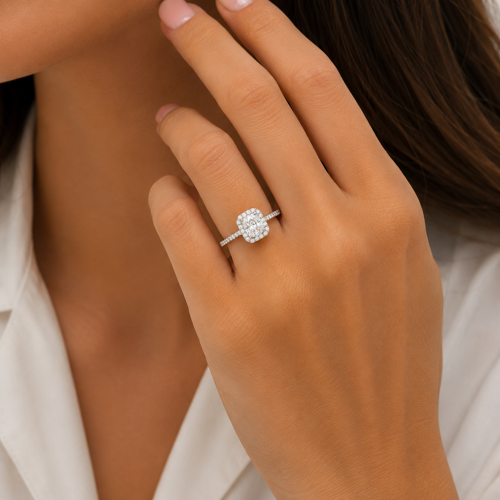 18K Gold GIA Certified Elongated Cushion Halo Diamond Engagement Ring