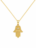 Yellow Gold Hamsa Hand Pendant Necklace with Diamond Accent
