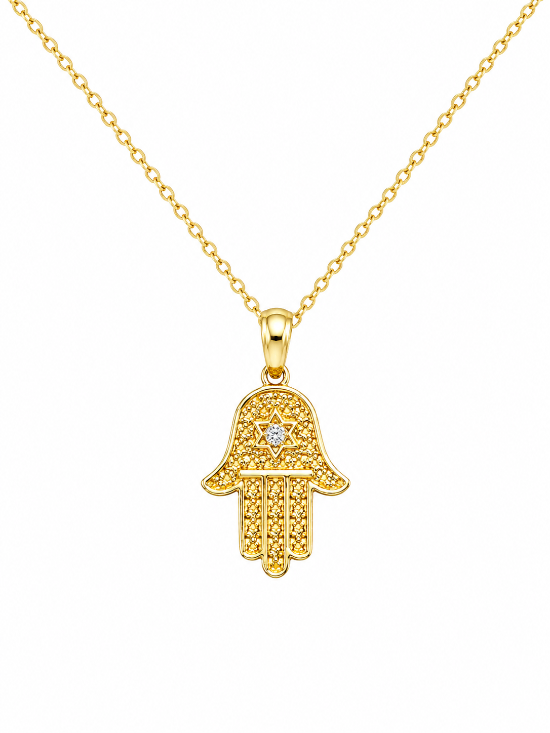 Yellow Gold Hamsa Hand Pendant Necklace with Diamond Accent